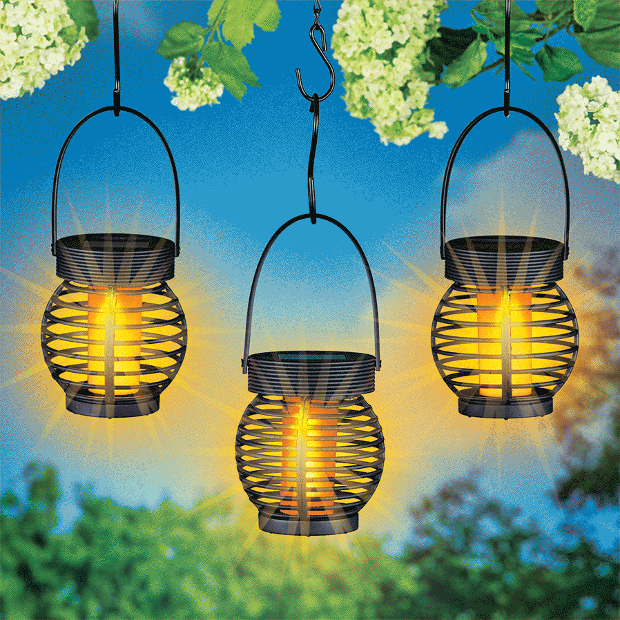 Solar Powered Hanging Faux Flame Lanterns Set of 3 Collections Etc.