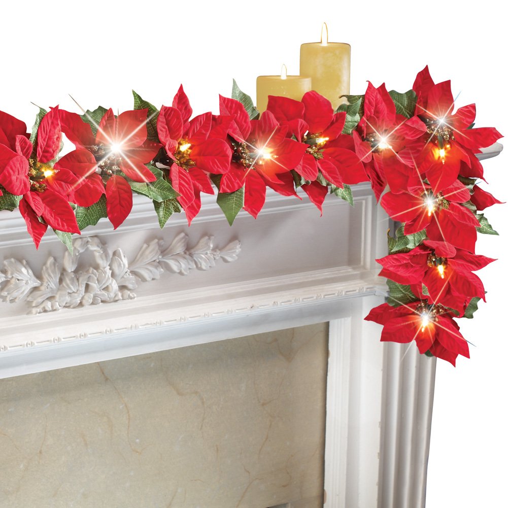 Lighted Christmas Poinsettia Garland Red