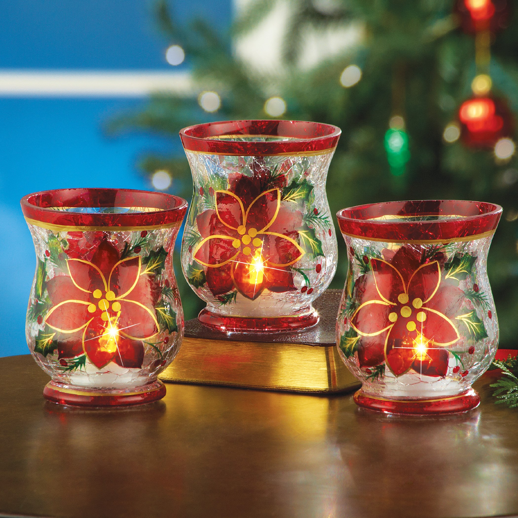 Christmas Poinsettia Candle Holders - Set of 3  Collections Etc.