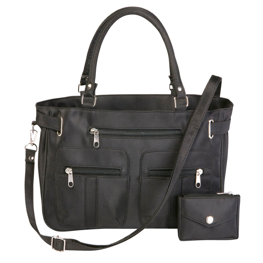 Women's Stylish Double-Handle Zippered 6-Pocket Microfiber Handbag and Matching Coin Purse, Black, One-Size