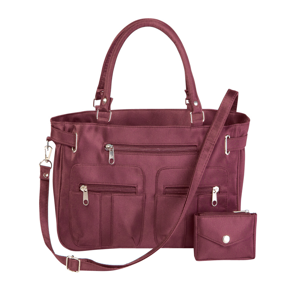Women's Stylish Double-Handle Zippered 6-Pocket Microfiber Handbag and Matching Coin Purse, Burgundy, One-Size