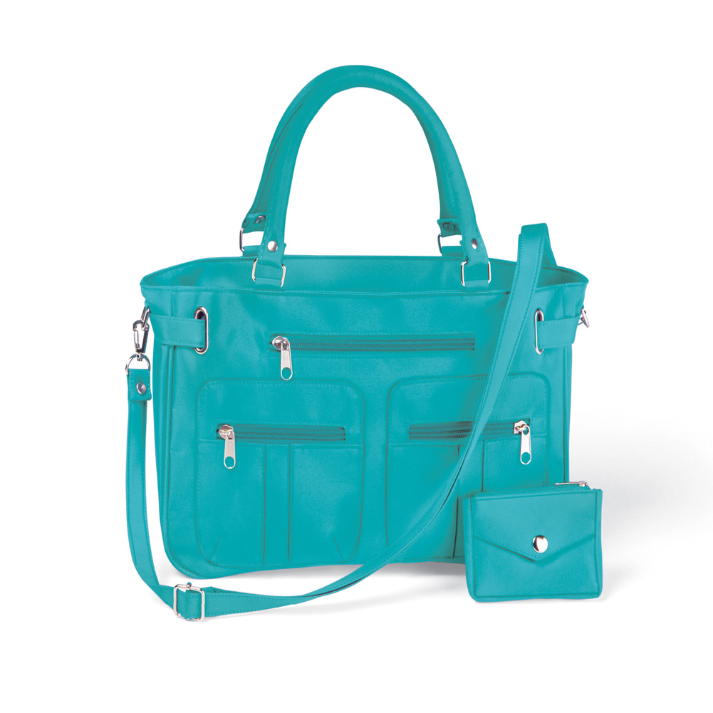 Women's Stylish Double-Handle Zippered 6-Pocket Microfiber Handbag and Matching Coin Purse, Teal