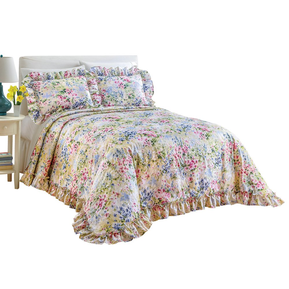 Floral Watercolor Gardenscape Lightweight Plisse Bedspread, Full