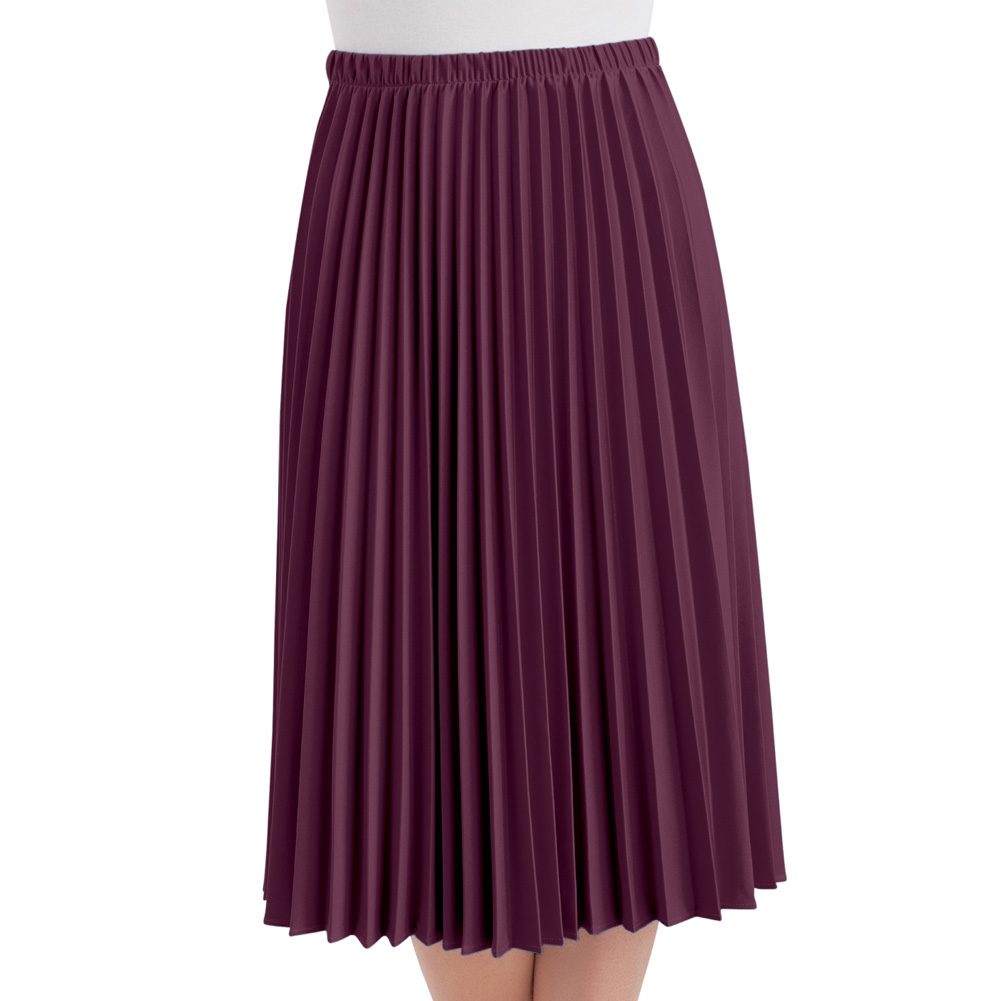 Women's Classic Pleated Mid-Length Jersey Knit Midi Skirt with Comfortable Elastic Waistband, Burgundy, Large - Made in The USA