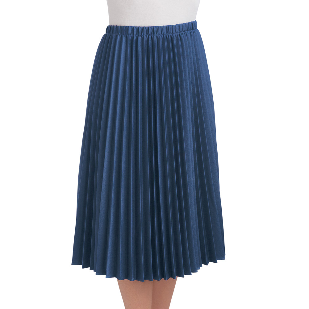 Women's Classic Pleated Mid-Length Jersey Knit Midi Skirt with Comfortable Elastic Waistband, Navy, Medium - Made in The USA