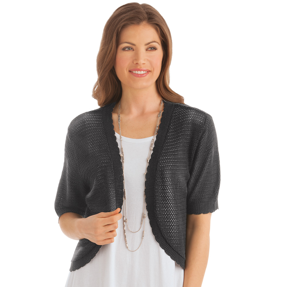 Collections Women's Open-Front Stitched Short Sleeve Shrug, Lightweight Layer Piece with Scalloped Trim, Black, Medium