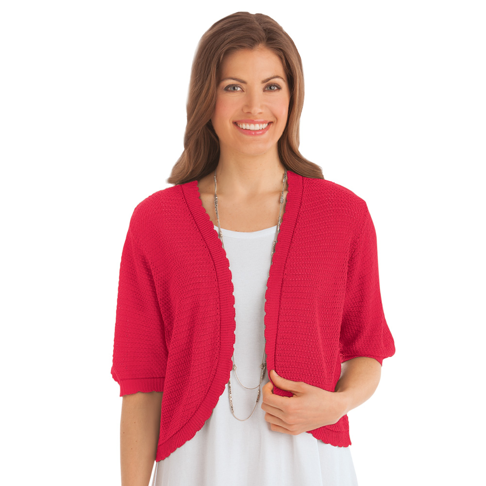 Women's Open-Front Stitched Short Sleeve Shrug, Lightweight Layer Piece with Scalloped Trim, Red, Medium