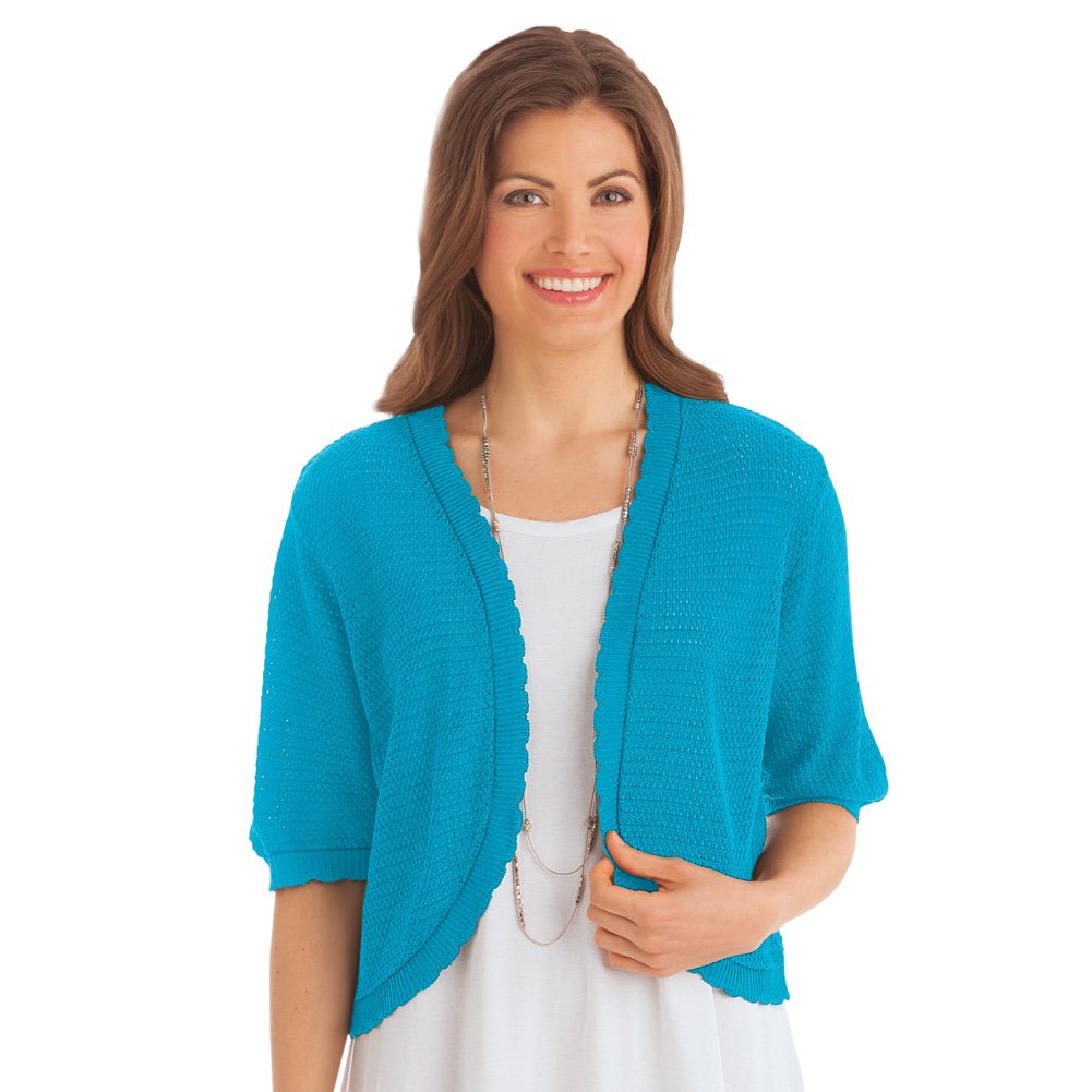Women's Open-Front Stitched Short Sleeve Shrug, Lightweight Layer Piece with Scalloped Trim, Turquoise, XX-Large