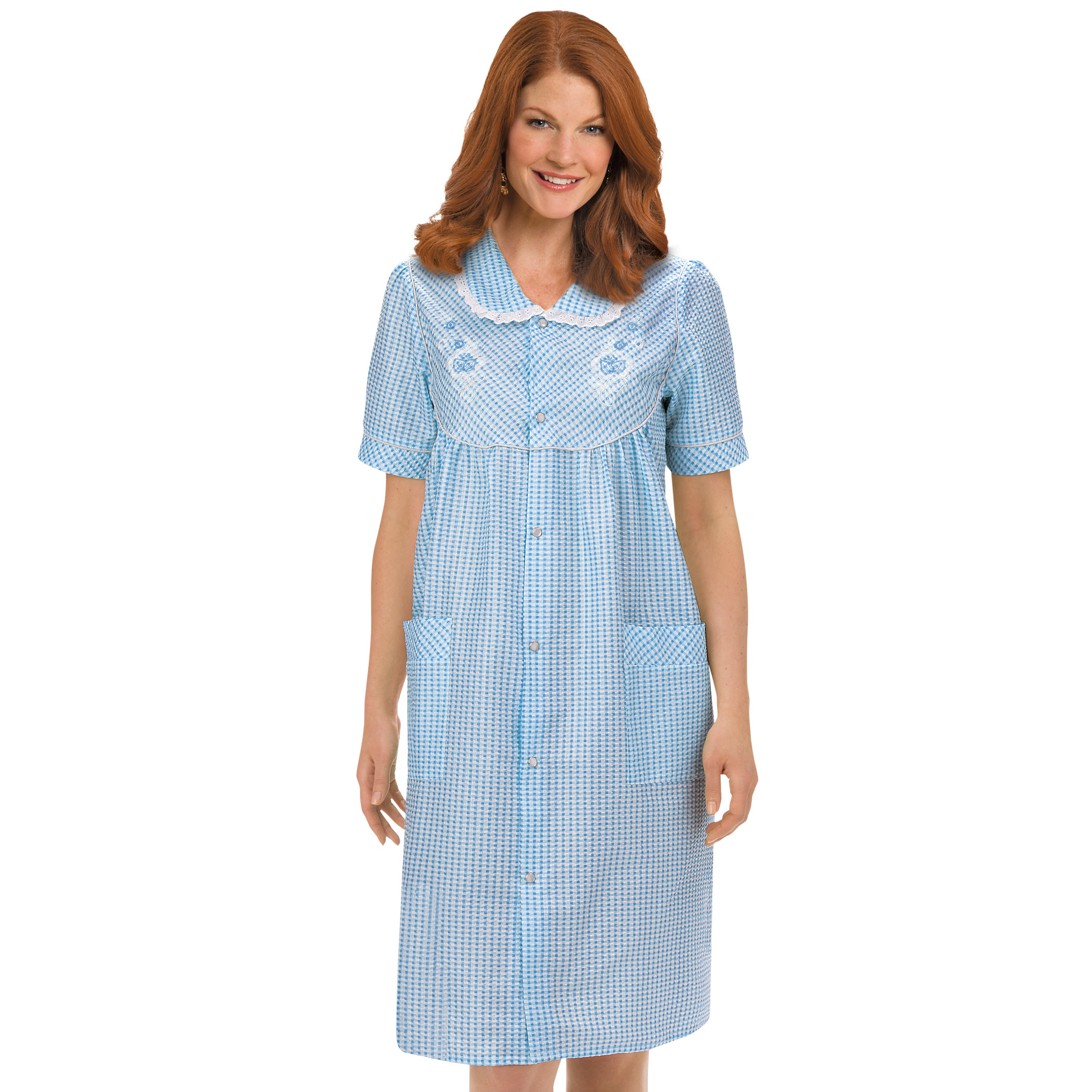 Collections Women's Etc. Gingham Women's Robe with Floral Accents, Snap-Front Closure and Lace Trim, Blue, Large