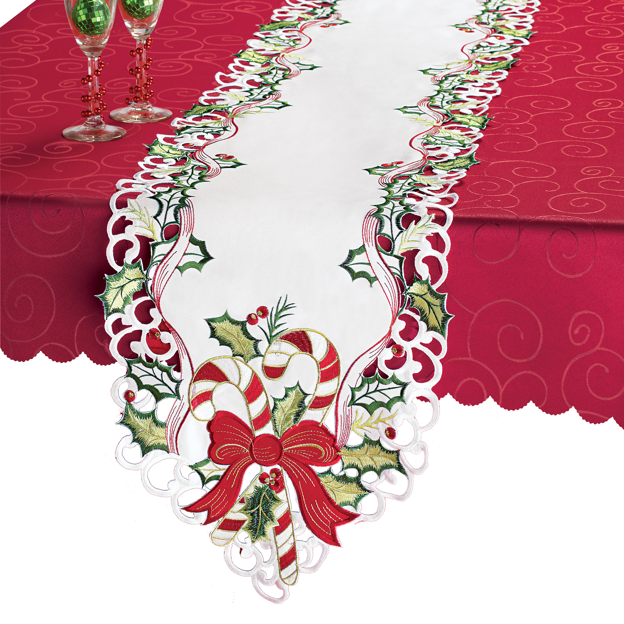 Candy Cane Christmas Table Linens MEDIUM Runner White