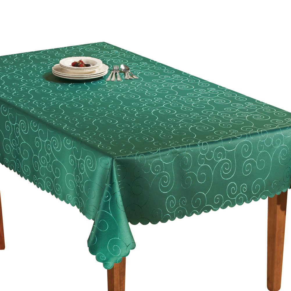 Fancy Scroll Scalloped Edge Festive Tablecloth, Forest Green, 60" X 90"