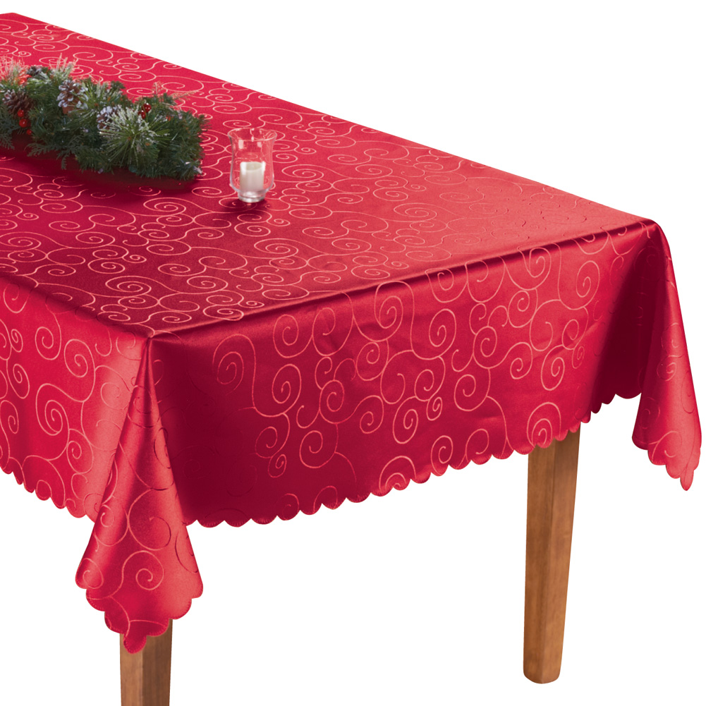 Fancy Scroll Scalloped Edge Festive Tablecloth, Red, 60" X 90"