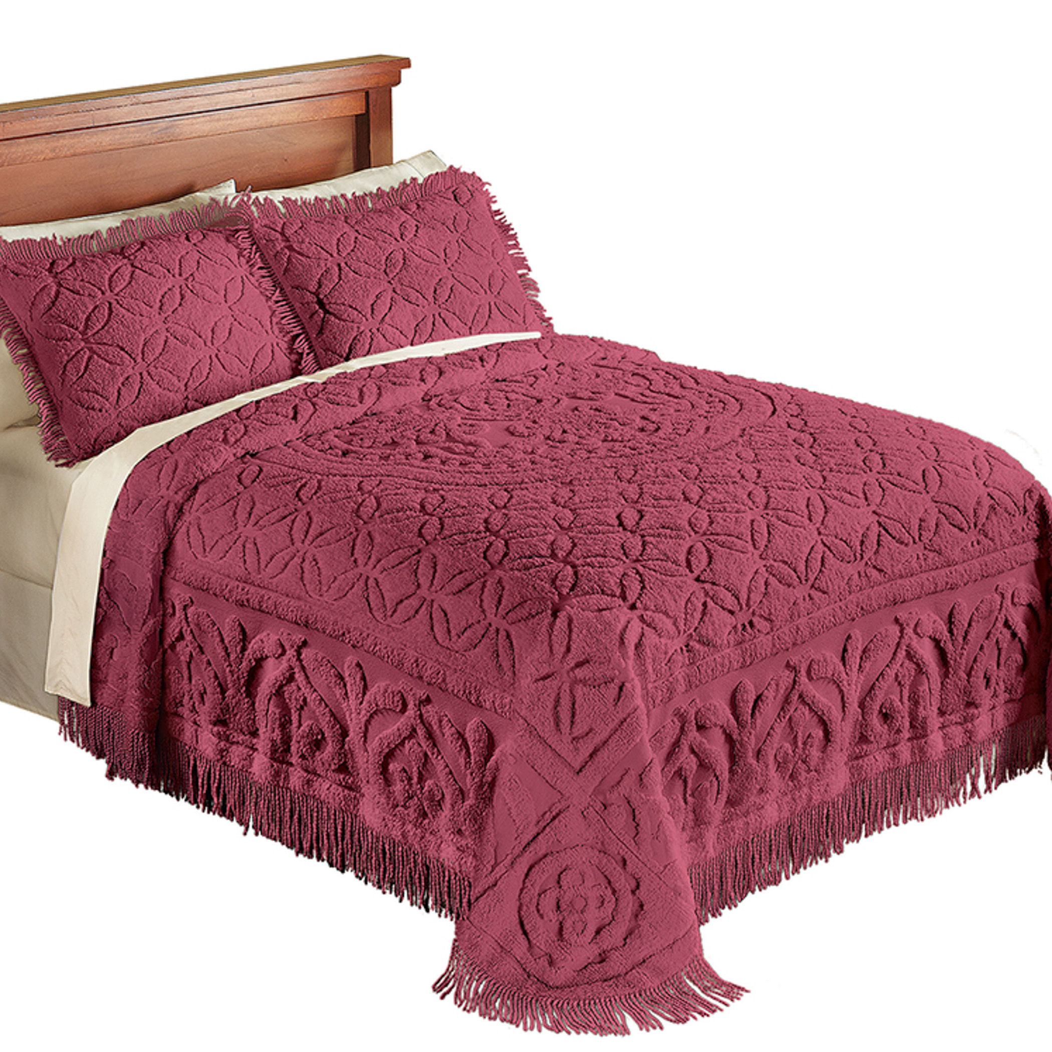 Elegant Victoria Plush Chenille Bedspread with Fringe Border and Ring Design, Burgundy, Full