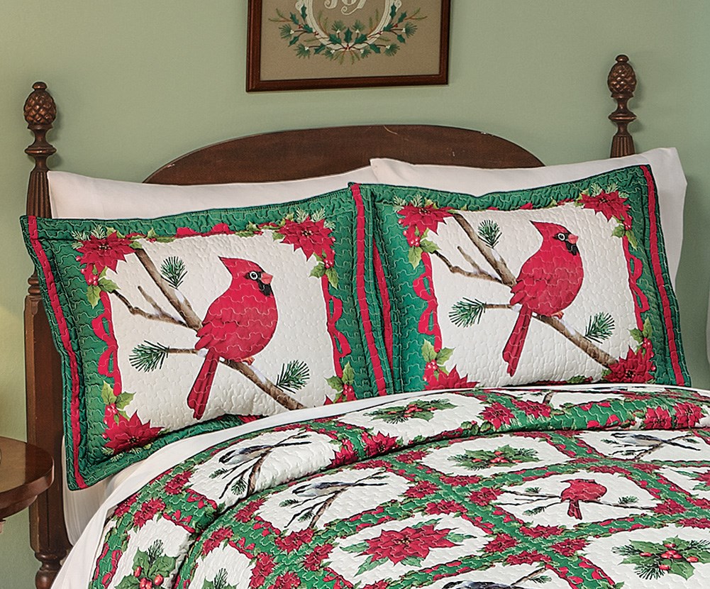 Festive Holiday Poinsettia Cardinal Pillow Sham  Collections Etc.