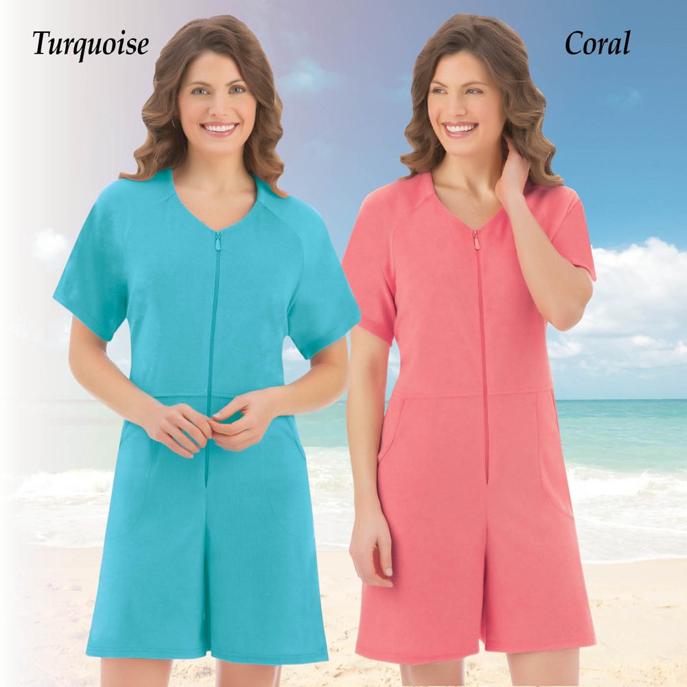 Zip Front Scoop Neck Terry Cloth Romper Collections Etc.