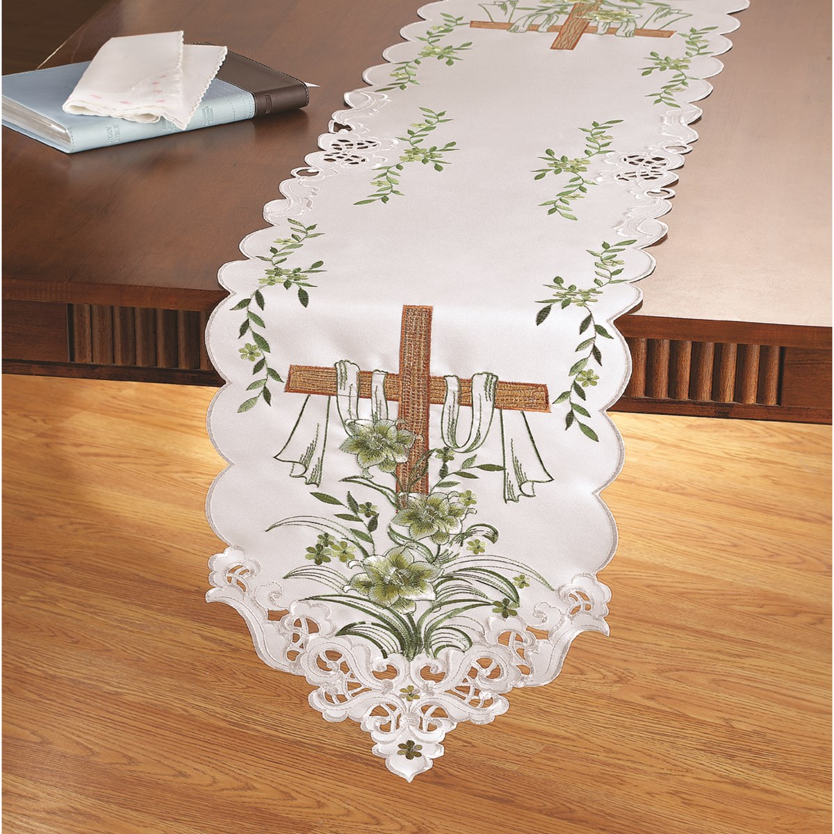 Embroidered Lily and Cross Easter Table Linens Collections Etc.