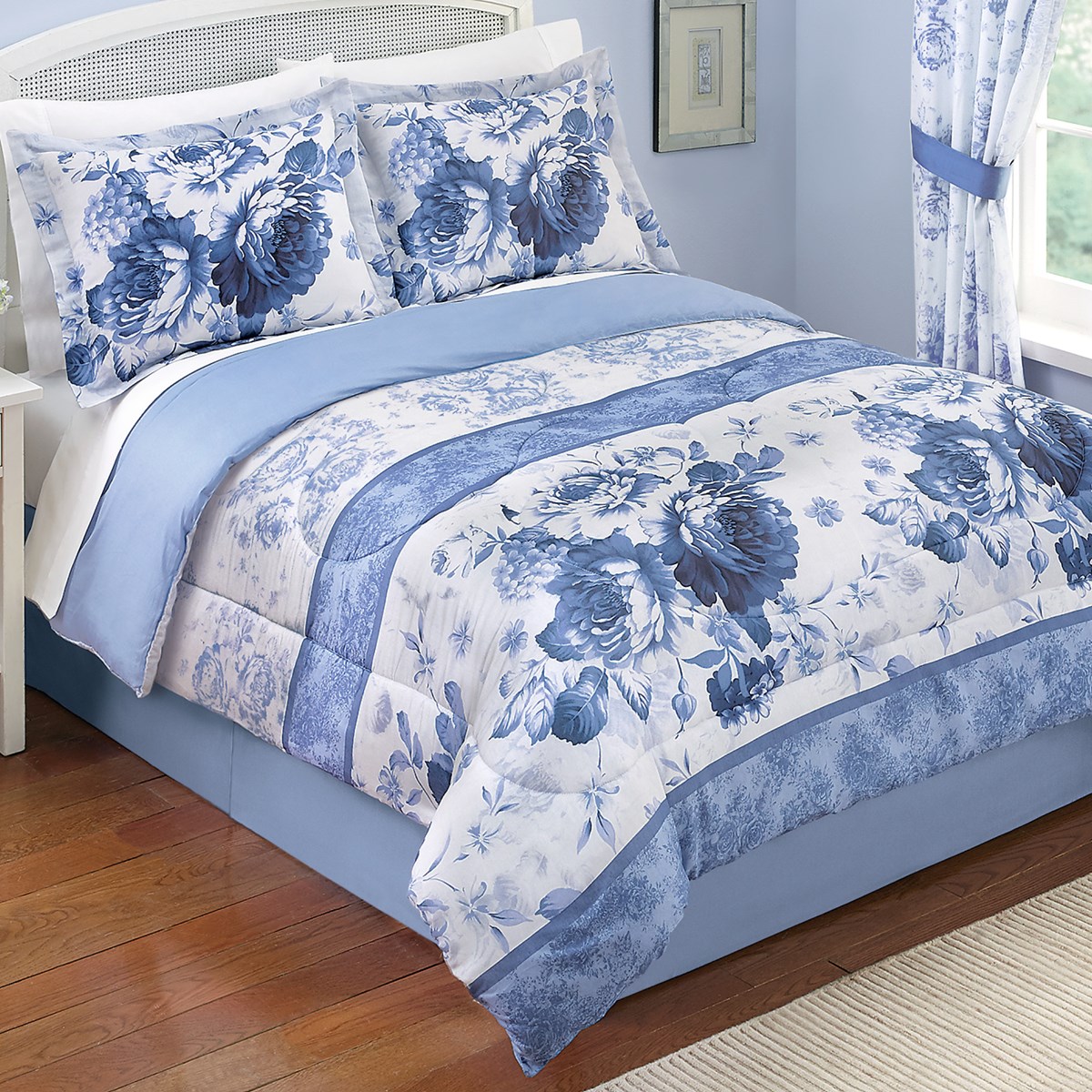 Julianne Blue and White Floral Comforter Set with Bedskirt