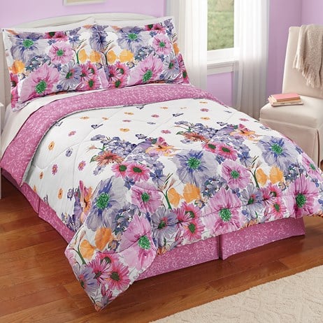 Purple And Pink Floral Mia Comforter Set With Bedskirt