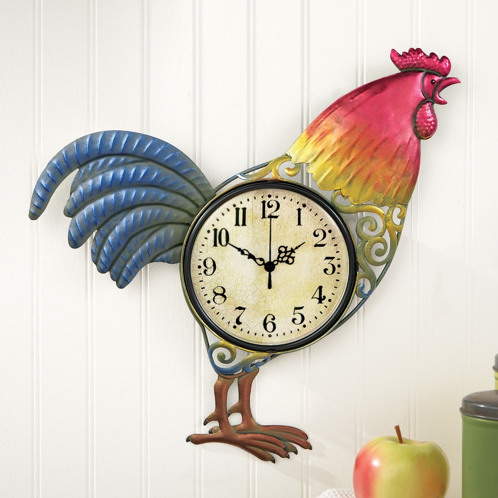Colorful Hand Painted Metal Rooster Wall Clock Collections Etc