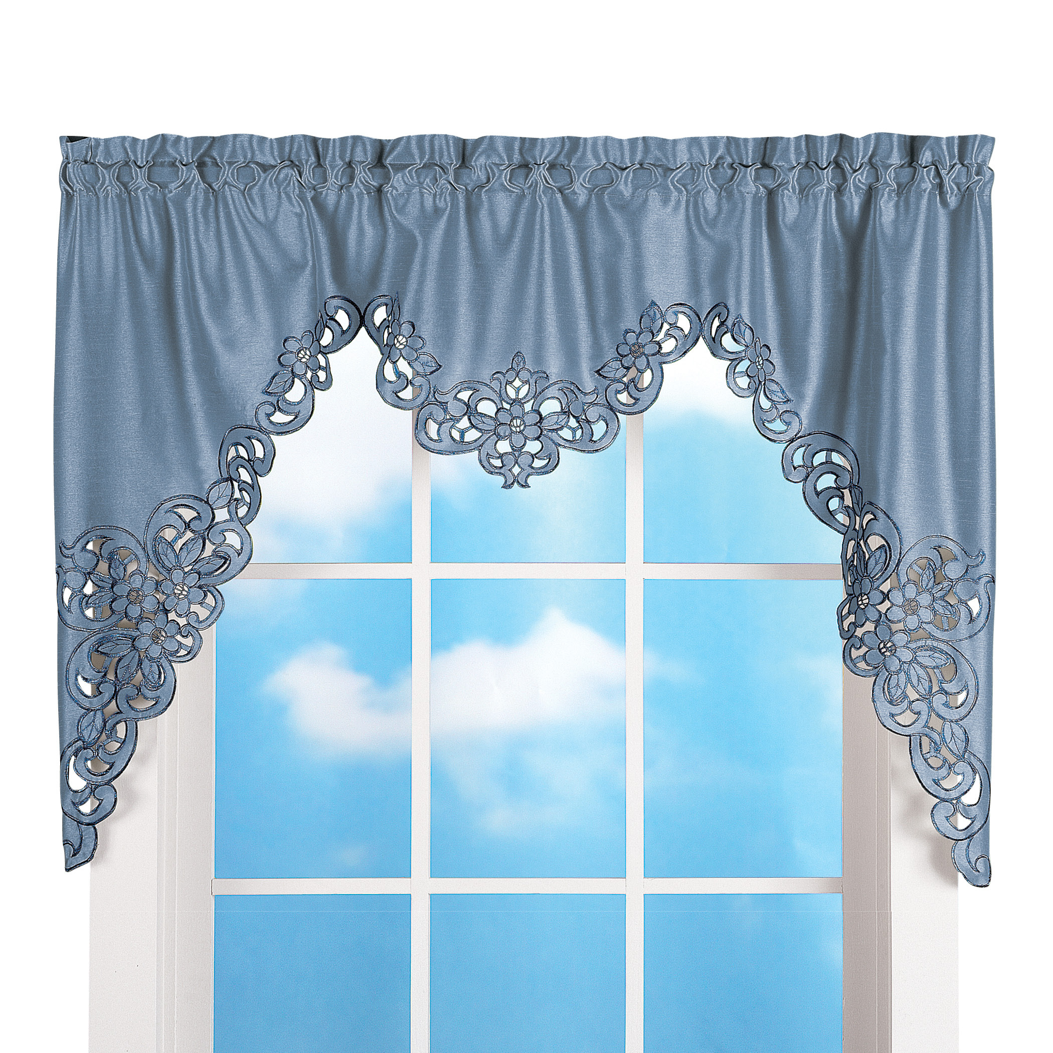 Elegant Cut Out and Embroidered Scroll Window Valance with Rod Pocket Top for Easy Hanging, Blue, 58" X 36"