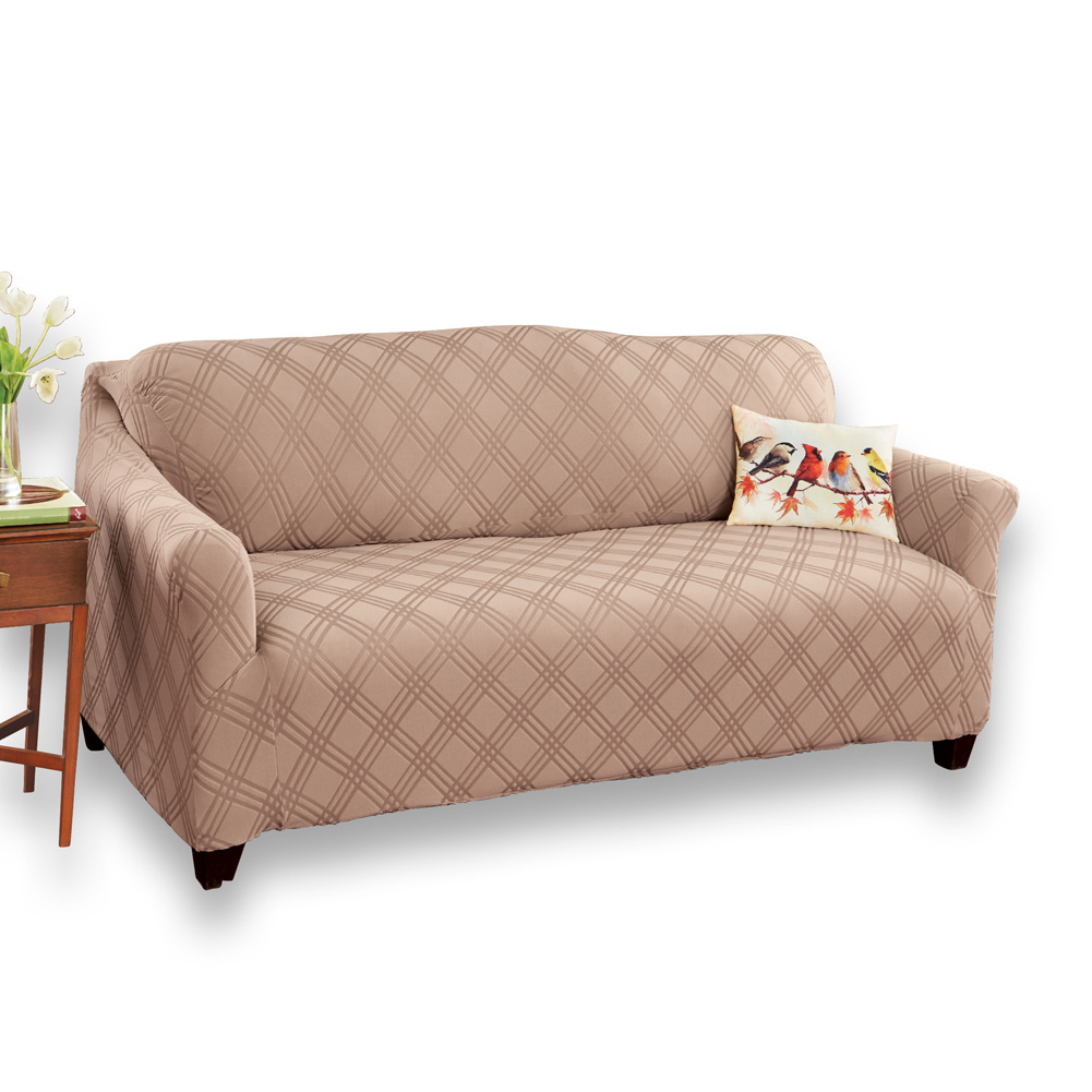 Double Diamond Form Fit Stretch Furniture Slipcover, Beige, Loveseat