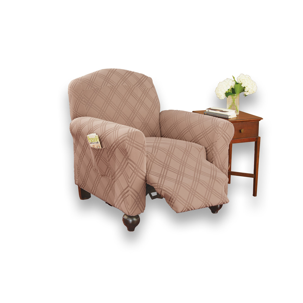 Double Diamond Form Fit Stretch Furniture Slipcover, Beige, Recliner
