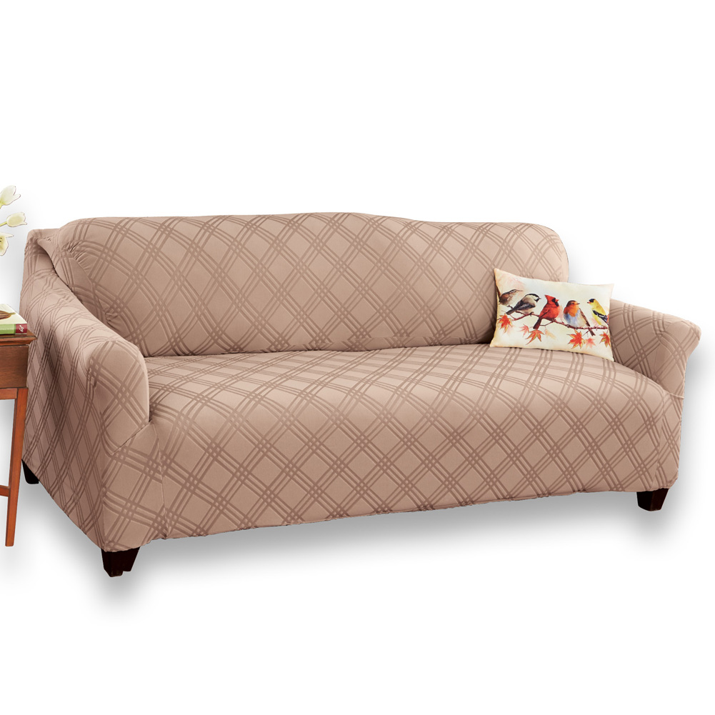 Double Diamond Form Fit Stretch Furniture Slipcover, Beige, Sofa