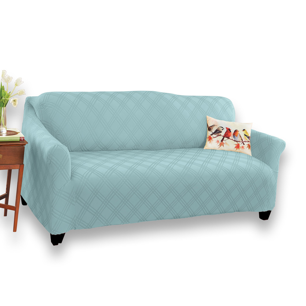 Double Diamond Form Fit Stretch Furniture Slipcover, Blue, Loveseat