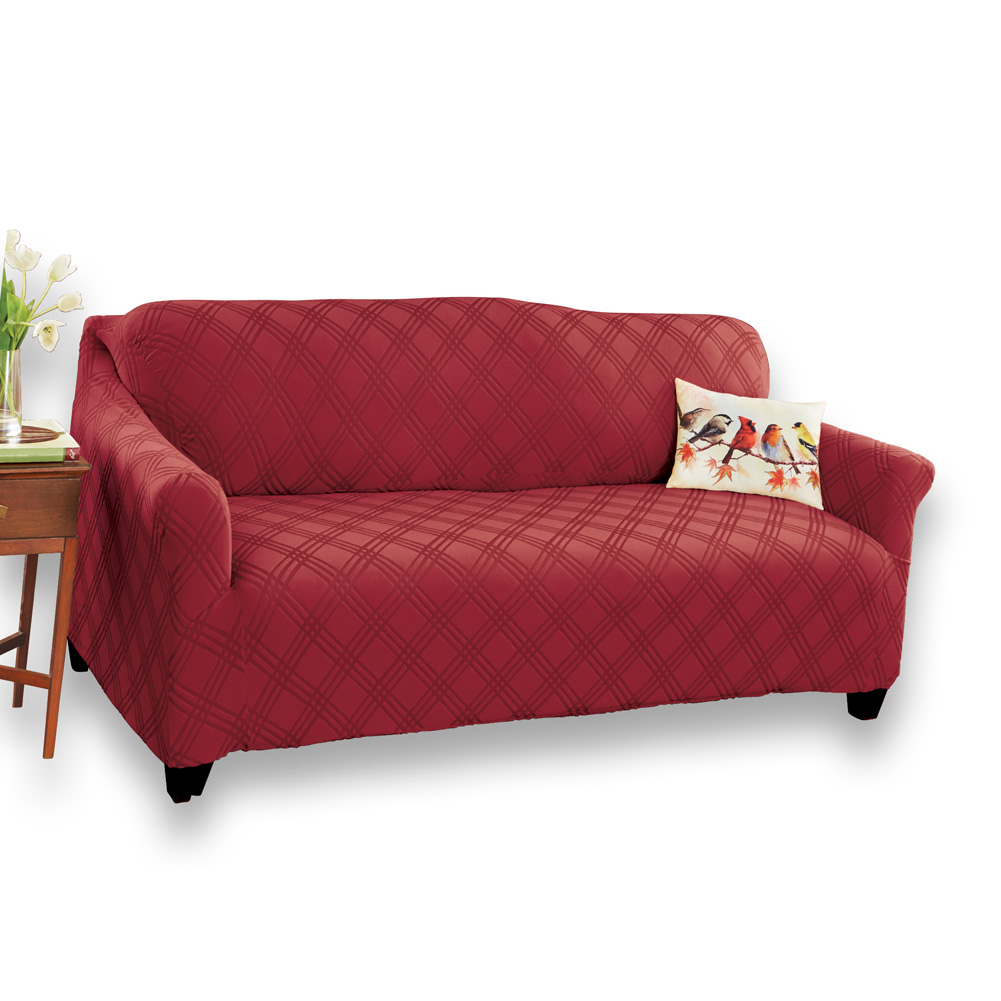 Double Diamond Form Fit Stretch Furniture Slipcover, Burgundy, Loveseat