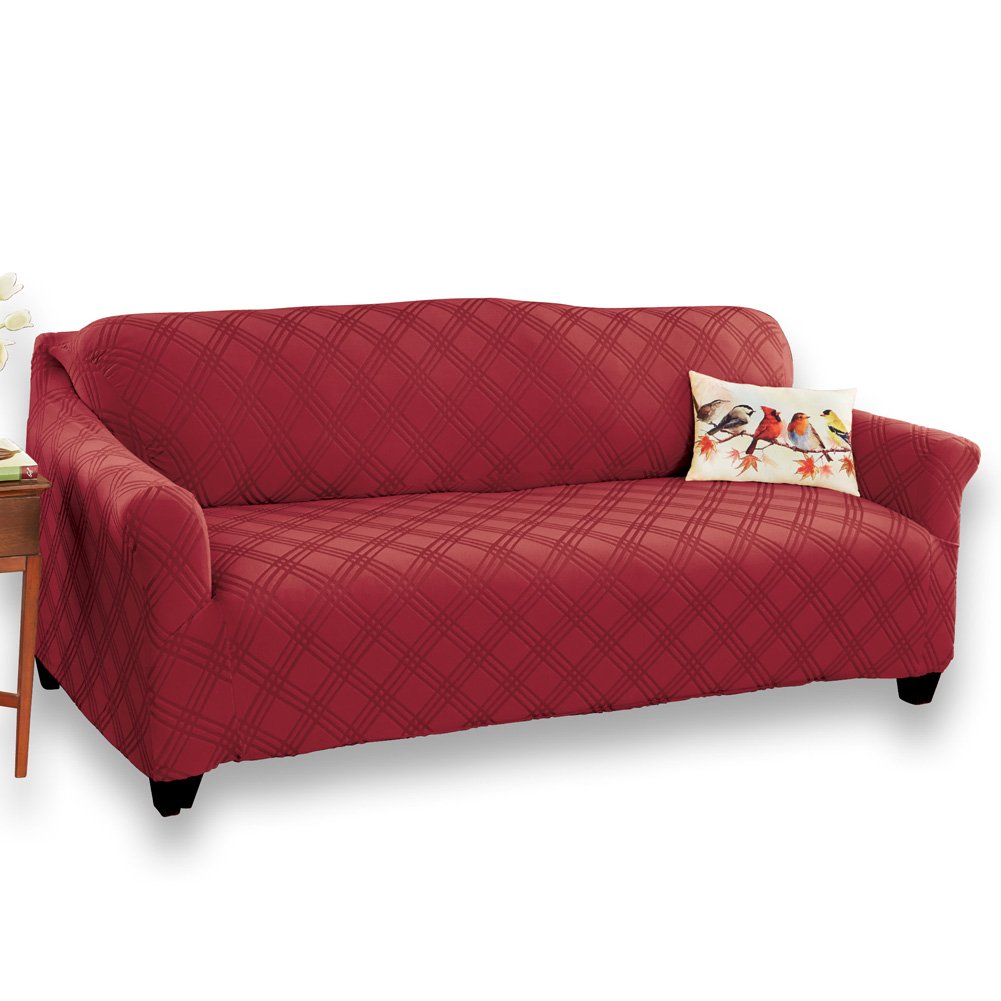 Double Diamond Form Fit Stretch Furniture Slipcover, Burgundy, Sofa