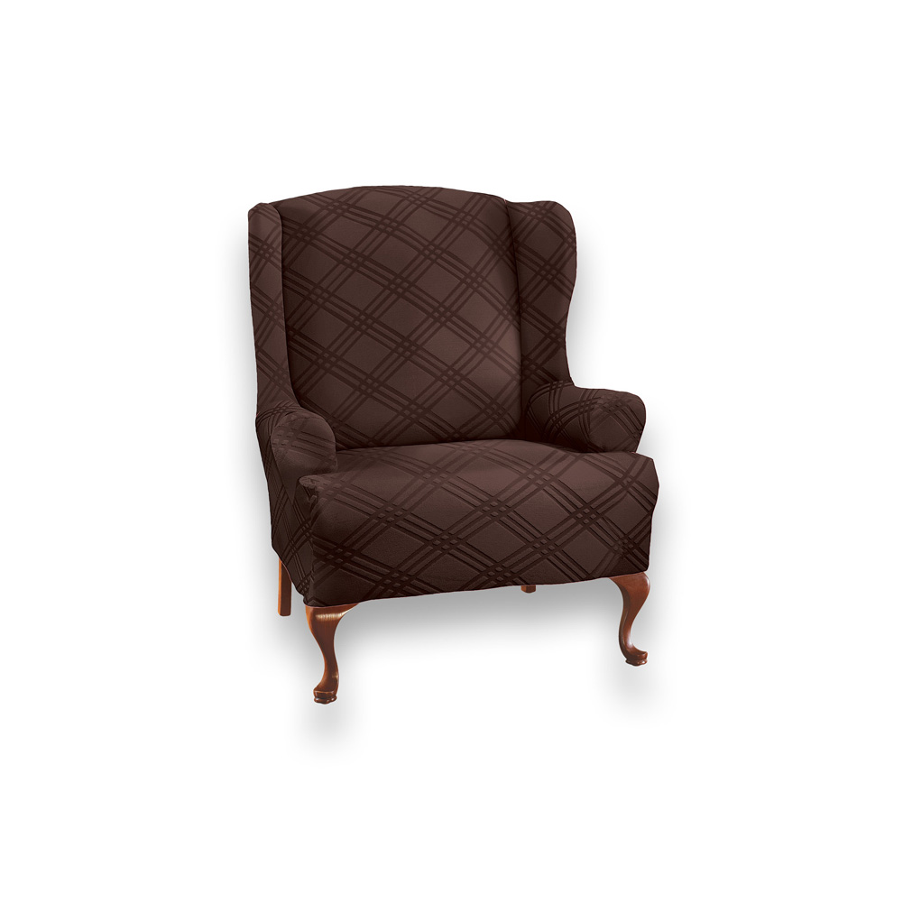 Double Diamond Form Fit Stretch Furniture Slipcover, Chocolate, Wing Chair