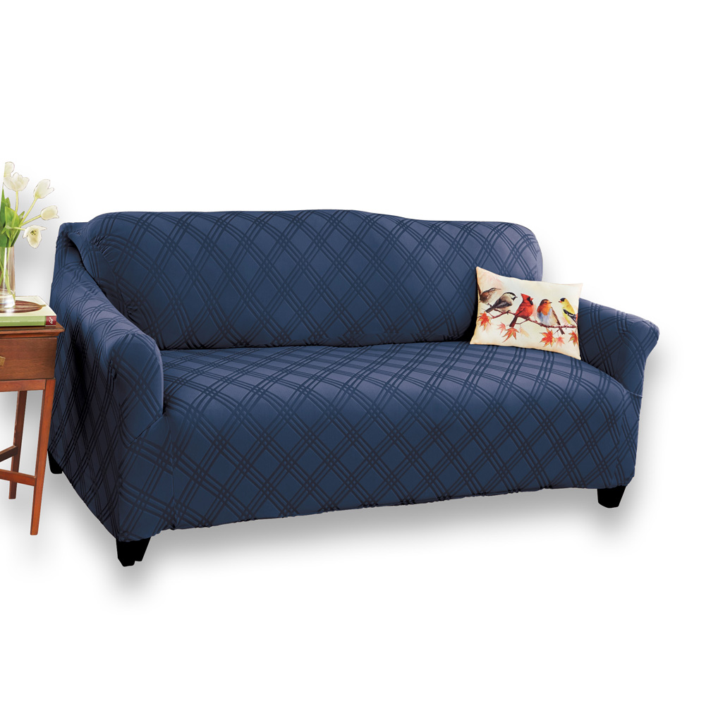 Double Diamond Form Fit Stretch Furniture Slipcover, Navy, Loveseat