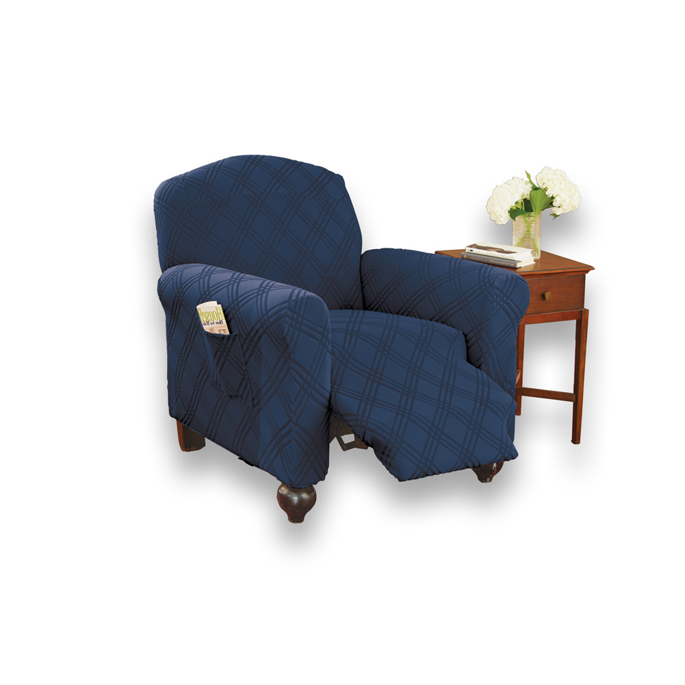 Double Diamond Form Fit Stretch Furniture Slipcover, Navy, Recliner