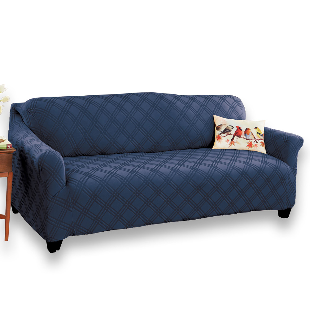 Double Diamond Form Fit Stretch Furniture Slipcover, Navy, Sofa