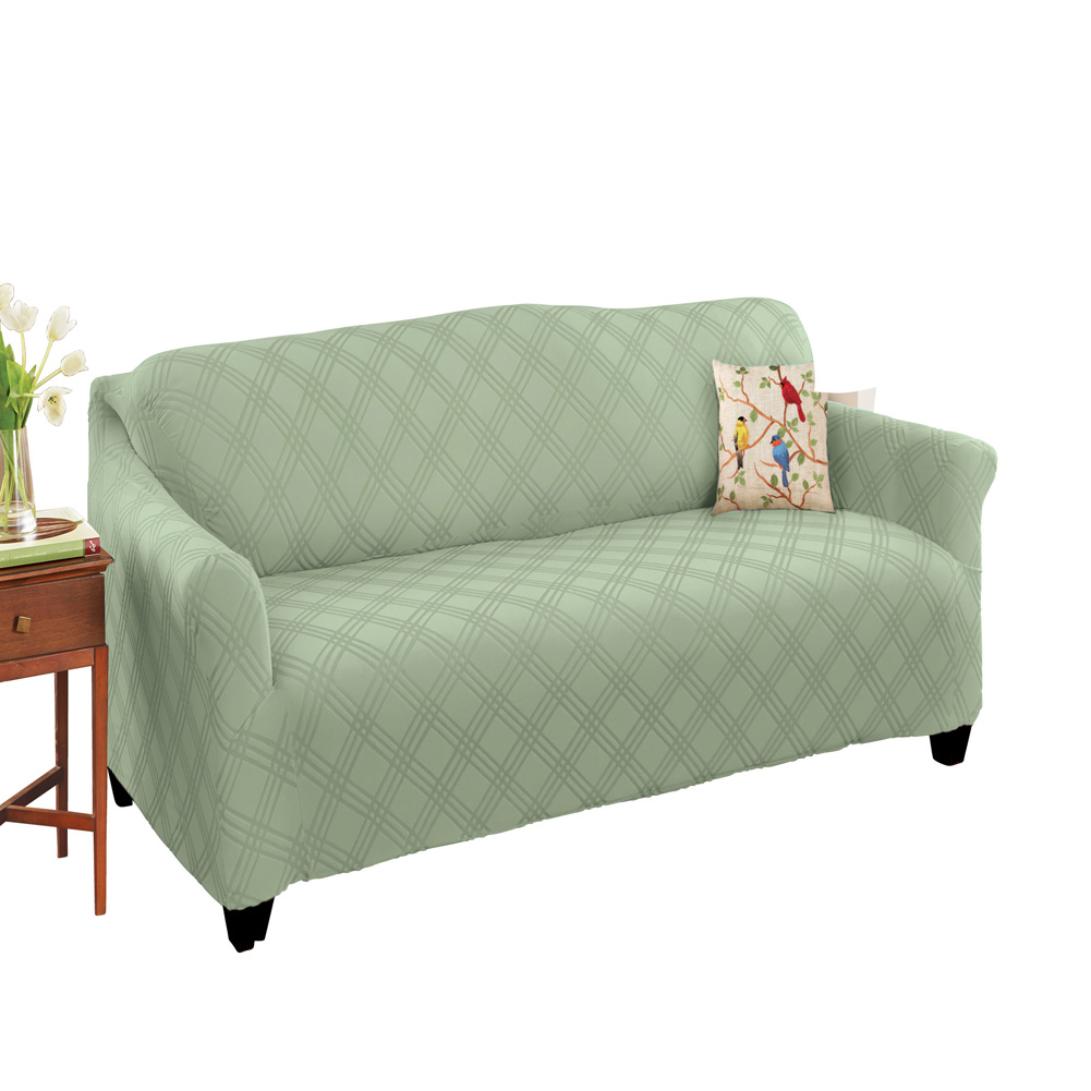 Double Diamond Stretch Furniture Cover Sage Loveseat