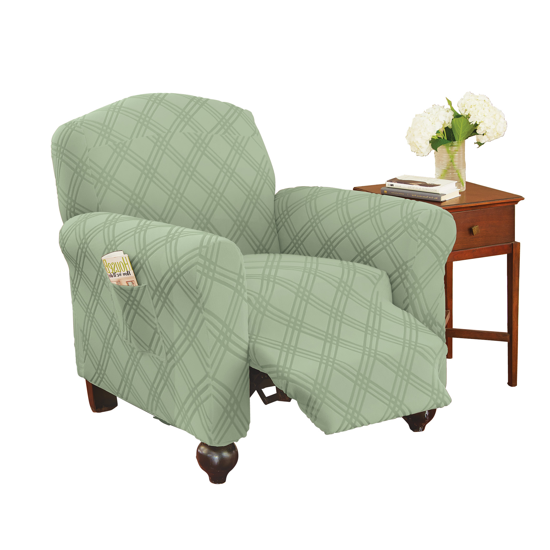 Double Diamond Stretch Furniture Cover Sage Recliner