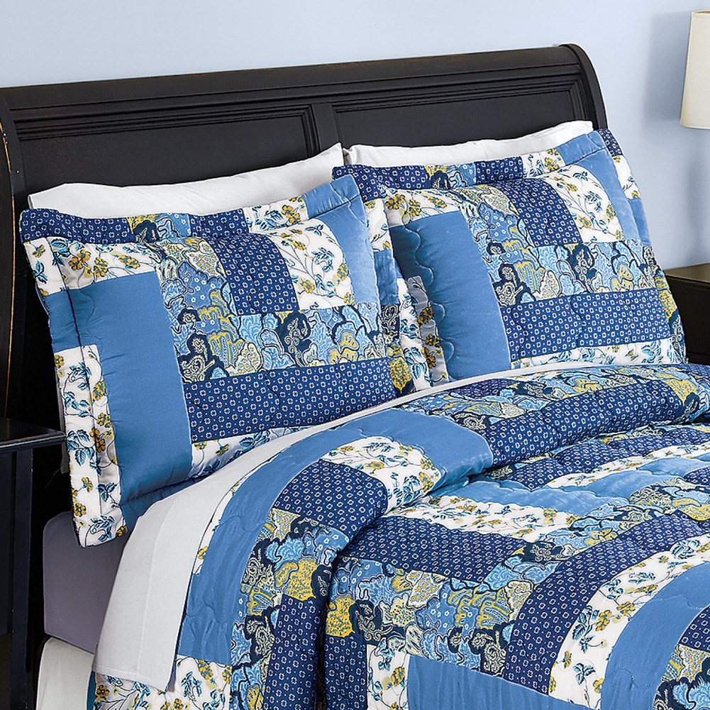 Caledonia Blue Floral Patchwork Pillow Shams Set Collections Etc.