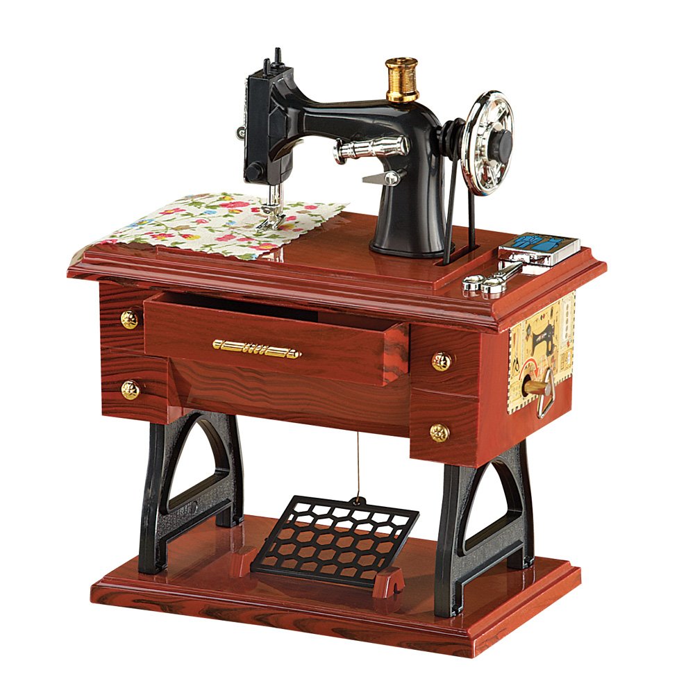 Animated Antique Sewing Machine Tabletop Music Box Complete with Fabric, Scissors, and Treadle Pedal - Plays Fur Elise