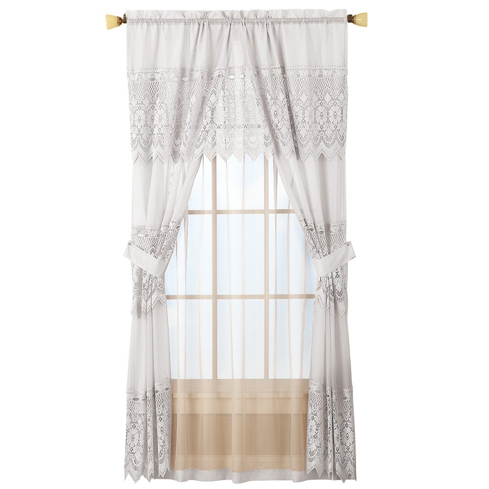 Sheer Lace Curtain and Valance Set White