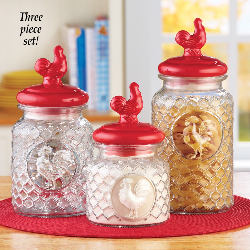 Rooster Glass Canisters Set of 3 Collections Etc.