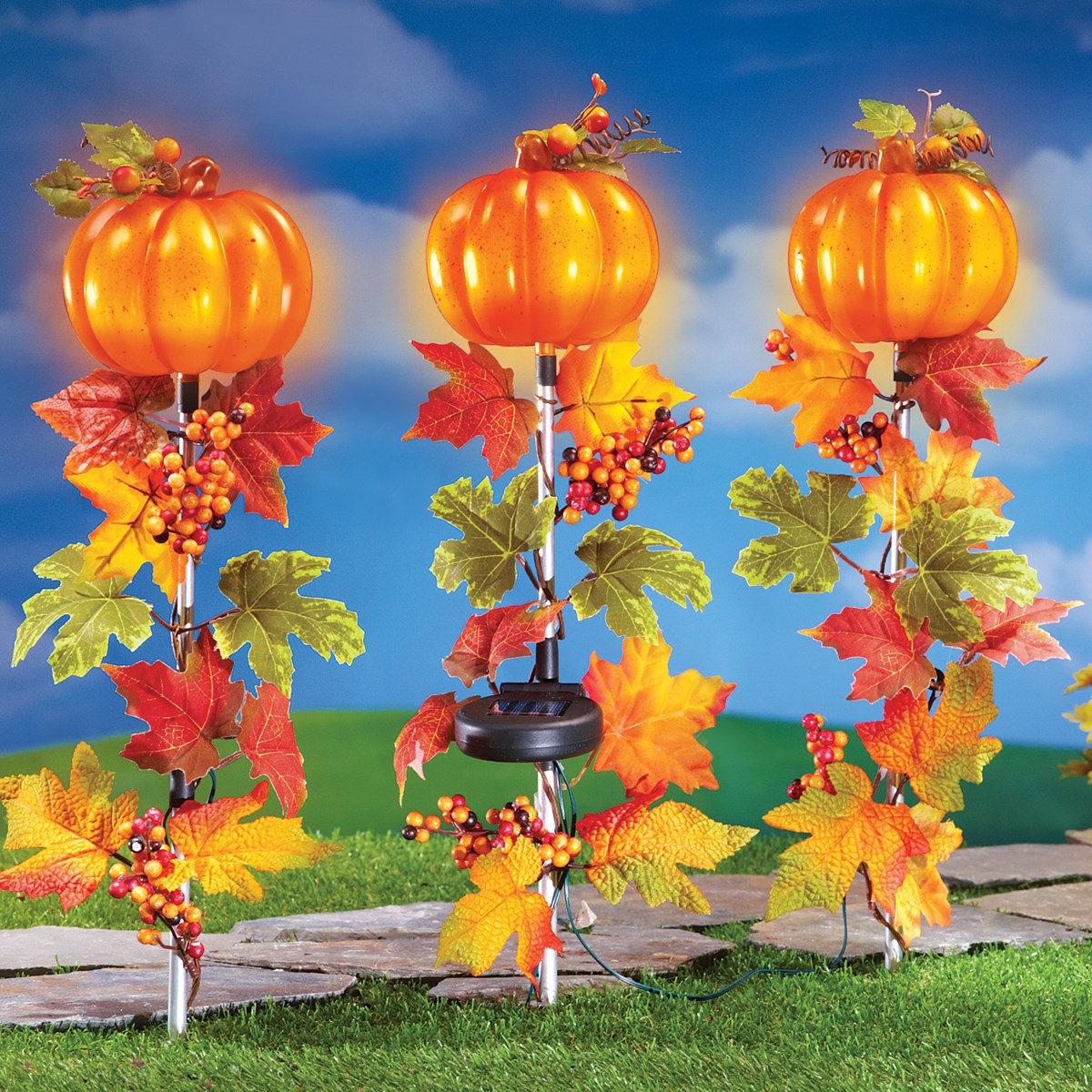 Pumpkin Solar Light Garden Stakes Set of 3 Collections Etc.