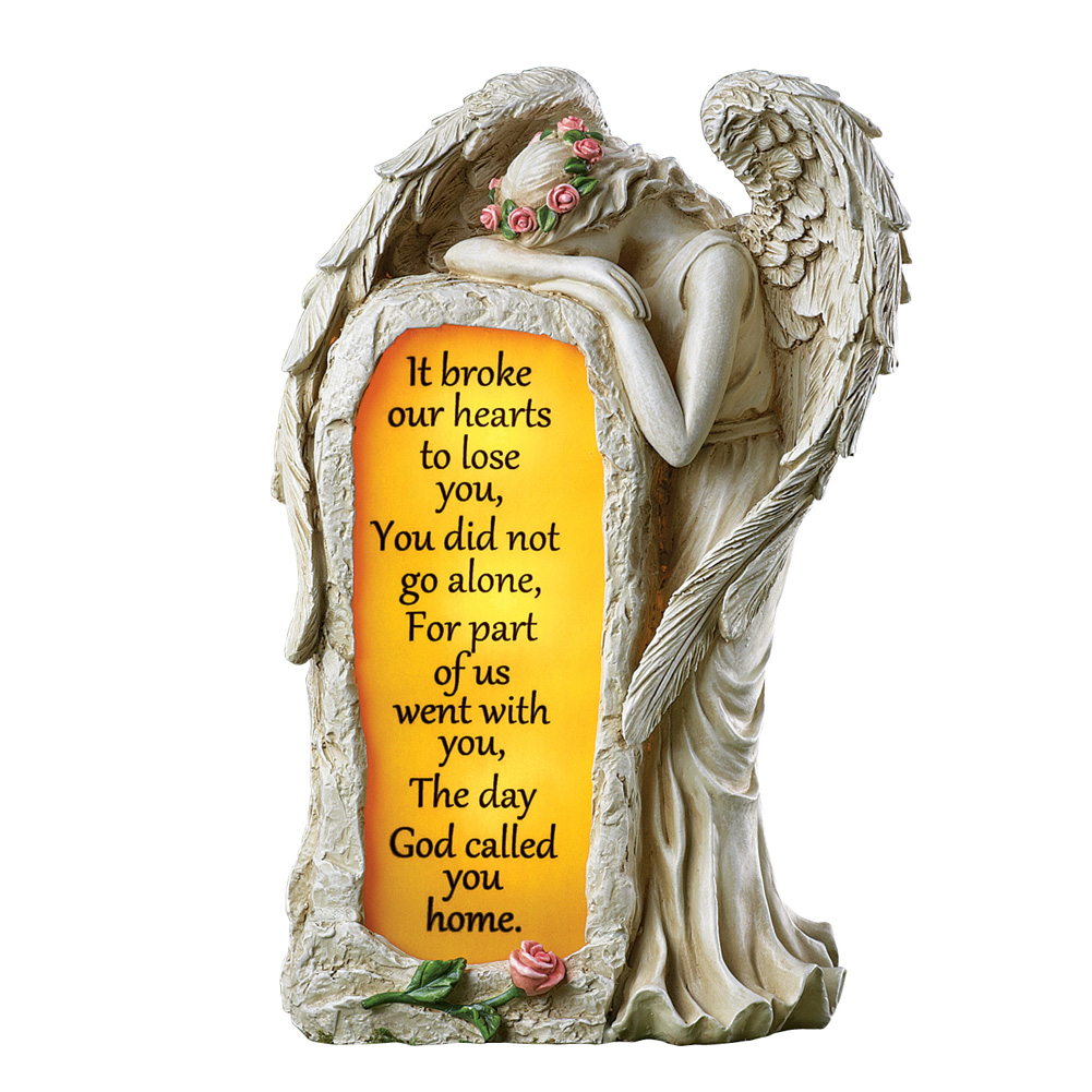 Crying Angel Solar Lighted Memorial Garden Stone Figurine Statue with Consoling Verse