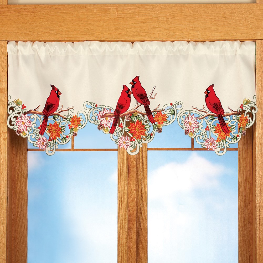 Embroidered Holiday Cardinal Poinsettia Window Valance Collections Etc.