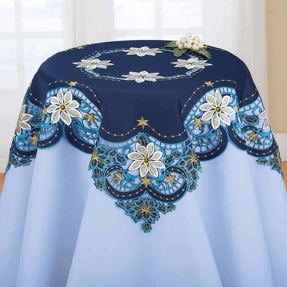 Poinsettia Blue Christmas Table Linens Collections Etc.