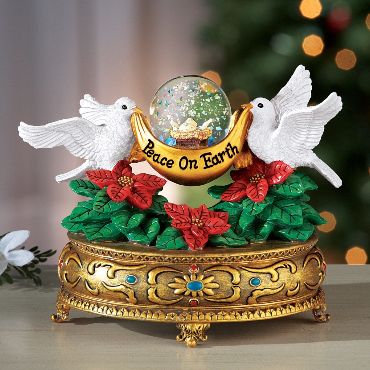 Christmas Doves Snow Globe Music Box | Collections Etc.