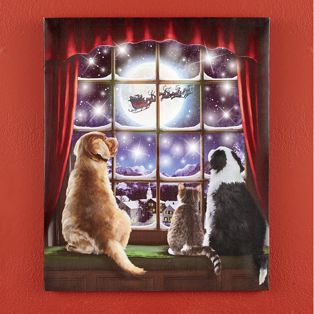 Pets Watching Santa Lighted Canvas Wall Art Collections Etc.