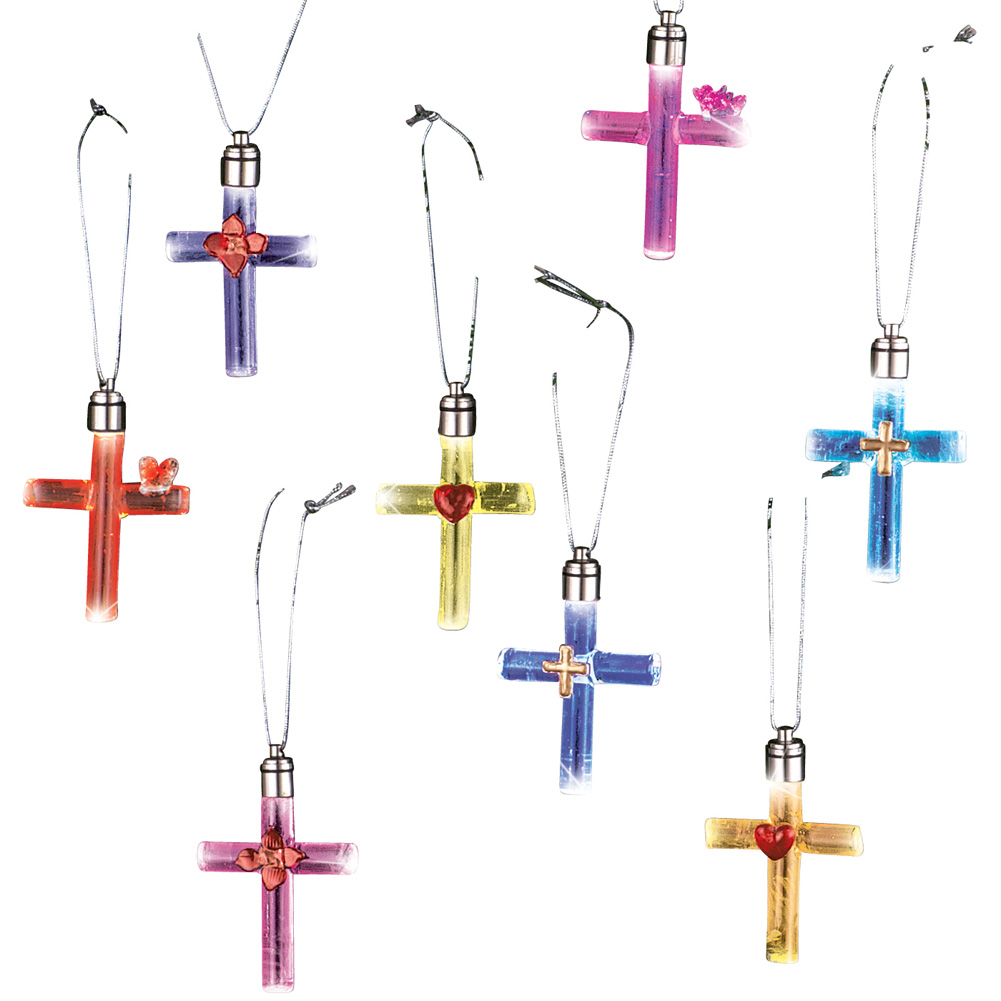 Lighted Glass Cross Ornaments - Set of 8