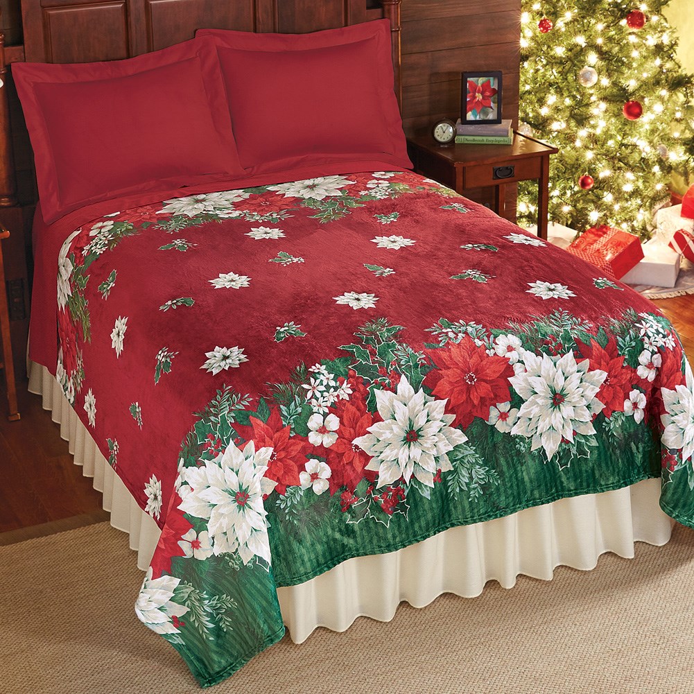 Poinsettia Fleece Christmas Throw Blanket Collections Etc.