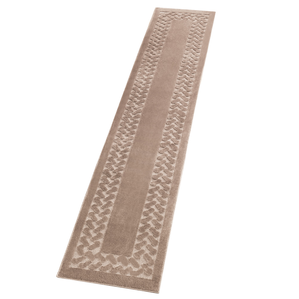 Herringbone Carpeted Runner Rug, Solid-Colored with Plush Decorative Trim Accents and Skid-Resistant Backing for Long Hallway, Sand, 2