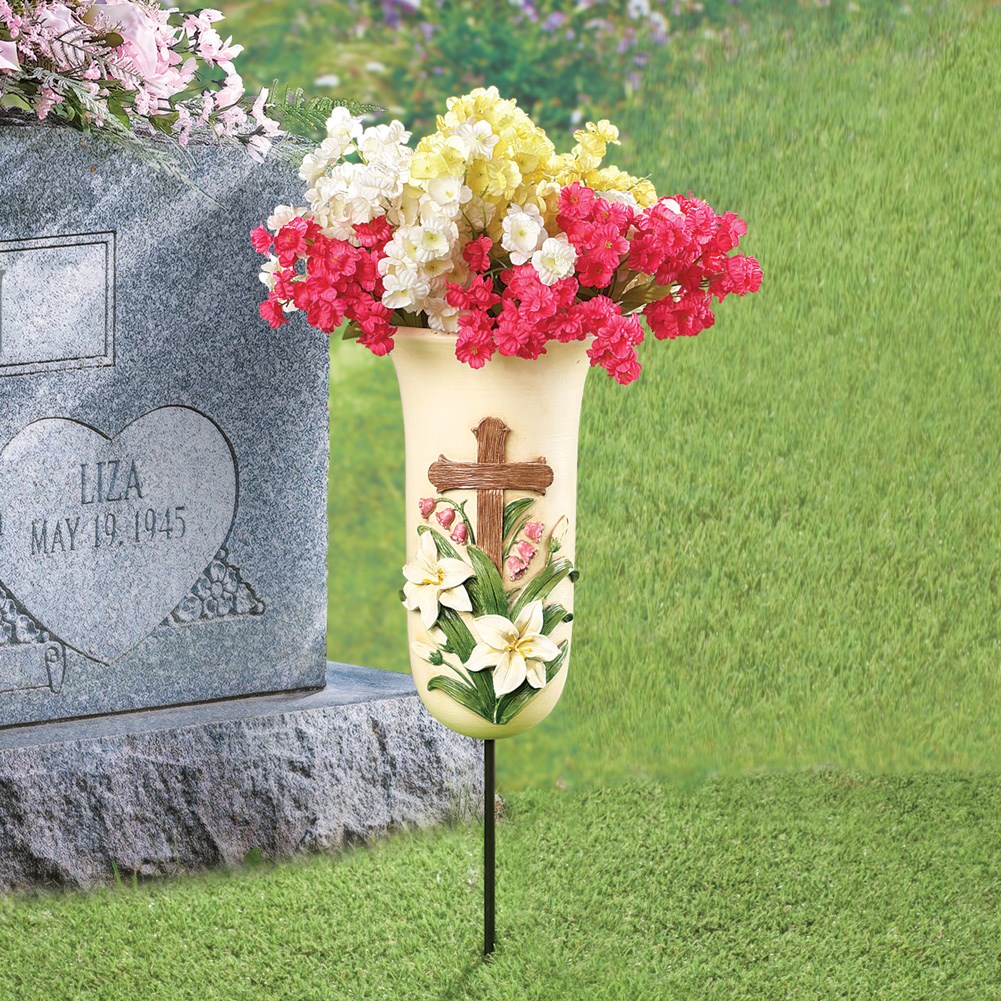 Lilies and Cross Outdoor Memorial Cemetery Vase Collections Etc.